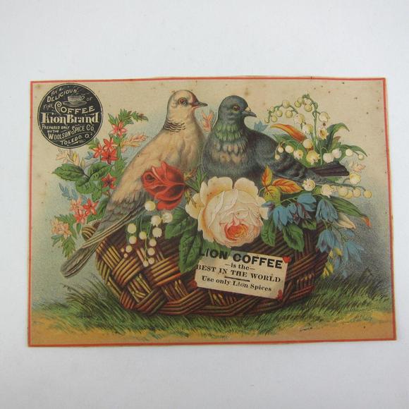 Victorian Trade Card LARGE Woolson Spice Lion Coffee Flowers Basket Dove Birds - Picture 5 of 12
